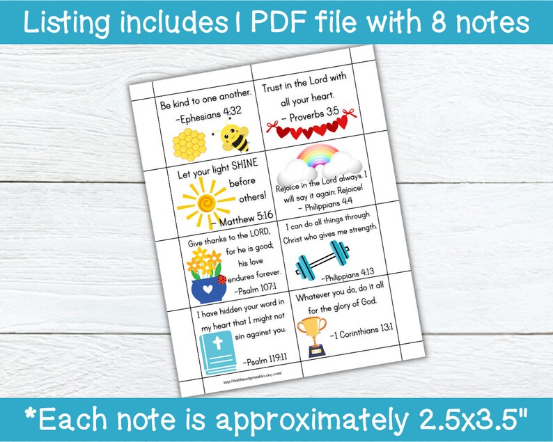 May include: Eight printable note cards with inspirational quotes and illustrations. Each card features a different Bible verse and a small graphic, such as a bee, a sun, a flower pot, a dumbbell, a trophy, and a cross. The cards are approximately 2.5 inches by 3.5 inches.
