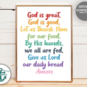 Puede incluir: Arte de pared imprimible con un texto de color arcoíris que dice "Dios es grande, Dios es bueno. Démosle gracias por nuestra comida. Por sus manos, todos somos alimentados. Danos Señor nuestro pan de cada día Amén."
