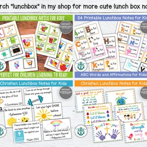 May include: Printable lunchbox notes for kids featuring colorful designs with positive affirmations and Christian messages. The notes include phrases like "You are kind", "Let your light shine", and "God is great".