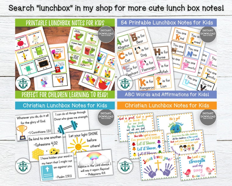 May include: Printable lunchbox notes for kids featuring colorful designs with positive affirmations and Christian messages. The notes include phrases like "You are kind", "Let your light shine", and "God is great".