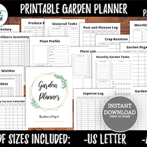 May include: Printable garden planner with 33 pages. The planner includes sections for seed inventory, fertilizer inventory, plant profile, plant list, monthly garden tasks, crop rotation, pest and disease log, monthly to-do list, garden organizer, garden layout, expense log, and monthly harvest calendar. The planner is available in US Letter and A4 sizes.