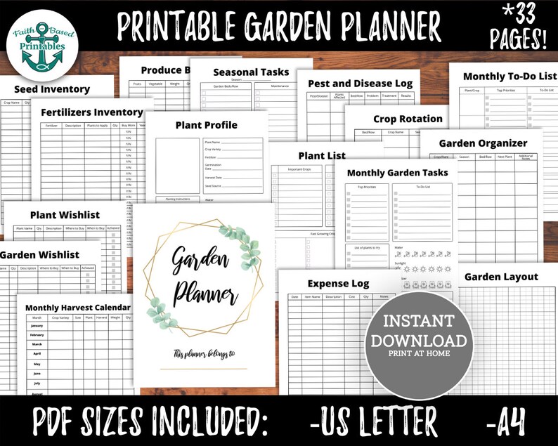 May include: Printable garden planner with 33 pages. The planner includes sections for seed inventory, fertilizer inventory, plant profile, plant list, monthly garden tasks, crop rotation, pest and disease log, monthly to-do list, garden organizer, garden layout, expense log, and monthly harvest calendar. The planner is available in US Letter and A4 sizes.