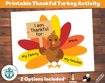 May include: Printable Thanksgiving activity featuring a cartoon turkey with a sign that says "I am thankful for:" and five blank spaces for writing. The turkey has a red, orange, and yellow feather design.