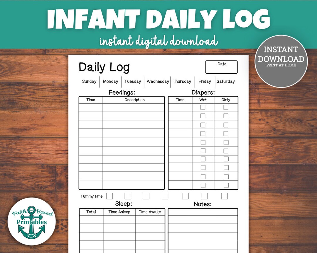 Infant Daily Log Printable Sleep Tracker Diapers Feedings Newborn Notes ...