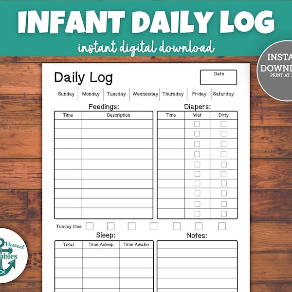 Infant Daily Log Printable Sleep Tracker Diapers Feedings Newborn Notes Daycare Report Schedule Sheet List Tummy Time Template Planner PDF
