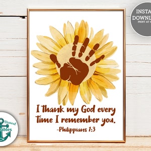 Filippenzen 1:3 Zonnebloem Handafdruk Ambacht Ik dank mijn God elke keer dat ik me je herinner Christelijke Bijbelvers Schrift Moeder Oma Zelfgemaakt Cadeau