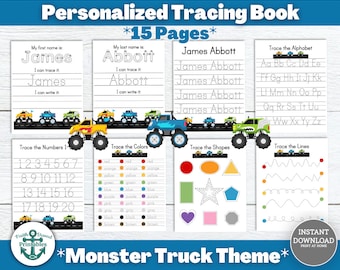 Pacote de rastreamento de nome personalizado Folha de prática de caligrafia Tema Monster Truck Livro ocupado Página de escrita personalizada para impressão Pré-escola Trace PDF