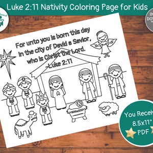 Printable Nativity Coloring Page for Kids, Christmas Nativity Scene, Birth of Jesus Coloring Page, Nativity Activity, Luke 2:11 Christ Birth