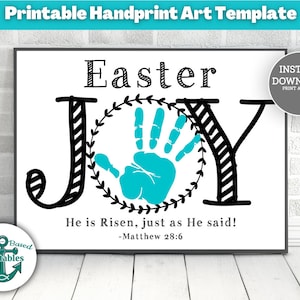Alegría de Pascua Mateo 28 6 Arte con huellas de manos Él ha resucitado Escuela cristiana en el hogar Imprimible Impresión a mano Artesanía para niños Tarjeta de recuerdo Biblia de la escuela dominical
