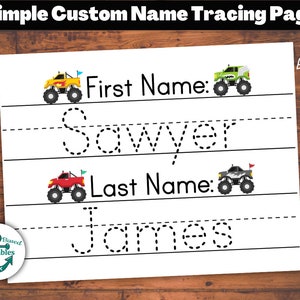 Custom Name Tracing Sheet Handwriting Practice Personalized Name Trace Simple Worksheet Printable First Last Names Page Kids Monster Truck