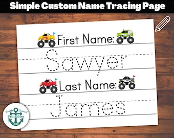 Hoja de rastreo de nombres personalizados Práctica de escritura a mano Nombre personalizado Traza de hoja de trabajo simple Nombres imprimibles Apellidos Página Niños Monster Truck