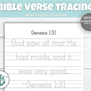 Genesis 1:31 Scripture Tracing Sheet Bible Memory Verse Memorization Christian Homeschool Handwriting Practice Trace Worksheet Printable 1