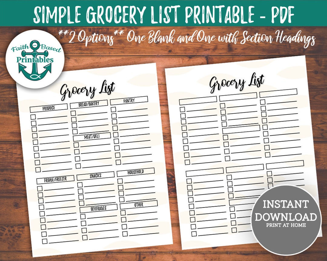 Grocery List Printable PDF Grocery Shopping Printable Simple Grocery ...