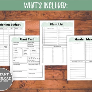 May include: Printable gardening planner pages with a green watercolor background. The pages include sections for a gardening budget, plant list, plant card, and garden ideas.