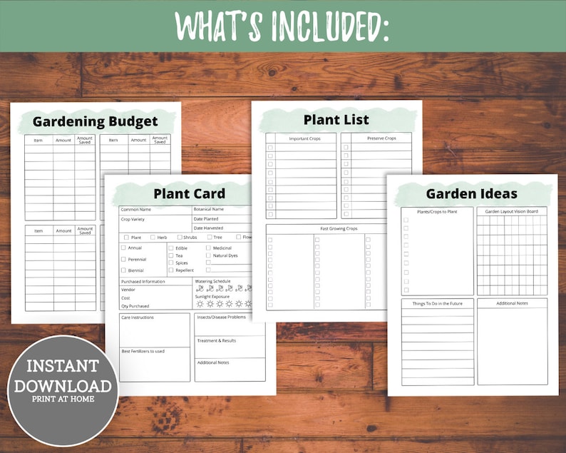 May include: Printable gardening planner pages with a green watercolor background. The pages include sections for a gardening budget, plant list, plant card, and garden ideas.