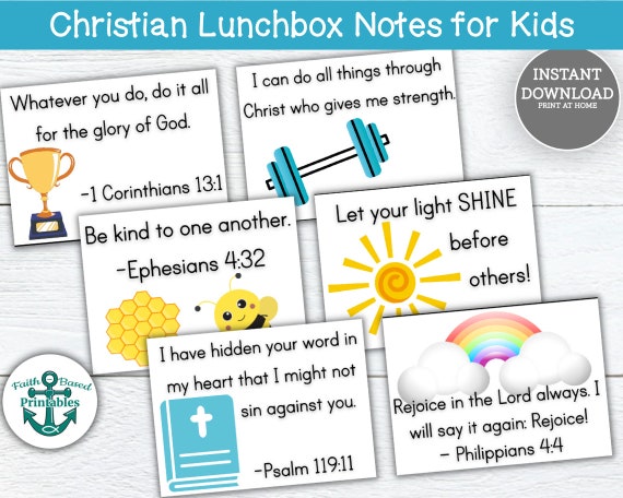 Christian Lunch Box Notes for Kids Lunchbox Notes Bible Verse Note Printable Christian Homeschool Templates Cute Scripture Cards for Kids