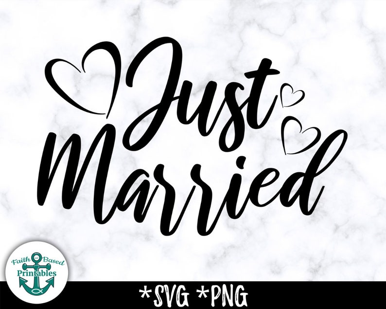 May include: Black and white graphic design with the text "Just Married" in a cursive font. The text is surrounded by small hearts.