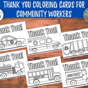 Carte de remerciement imprimable pour les travailleurs communautaires Merci carte de coloriage transporteur de courrier éboueur pompiers pompiers policier autobus scolaire