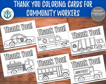 Cartão de agradecimento para impressão para trabalhadores comunitários Cartão para colorir Transportador de correio Coletor de lixo Bombeiros Policial Ônibus escolar