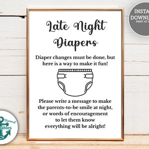 Late Night Luiers Baby Douche Afdrukbaar Teken Bericht Berichten voor Luier Verandering Veranderingen Baby's Moeder Papa Tekenen Woorden van aanmoediging Grappig