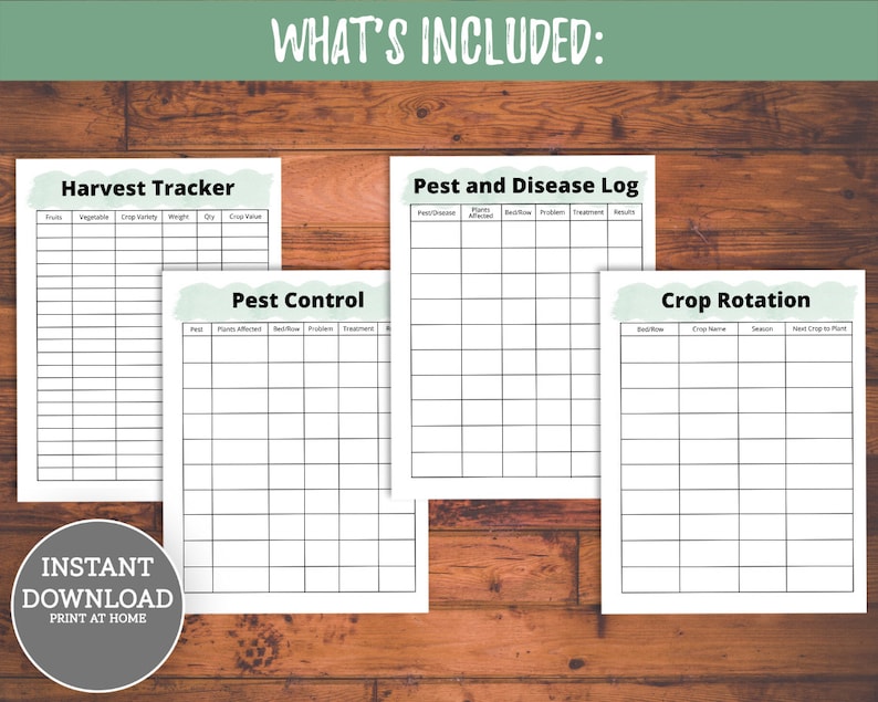 May include: Four printable garden planner pages with titles: Harvest Tracker, Pest Control, Pest and Disease Log, and Crop Rotation. Each page has a grid layout with column headers.