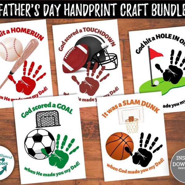 Printable Father's Day Handprint Craft Bundle Sports Religious Gifts for Dad Christian Fathers Sunday School Crafts Preschool Hand Print Art