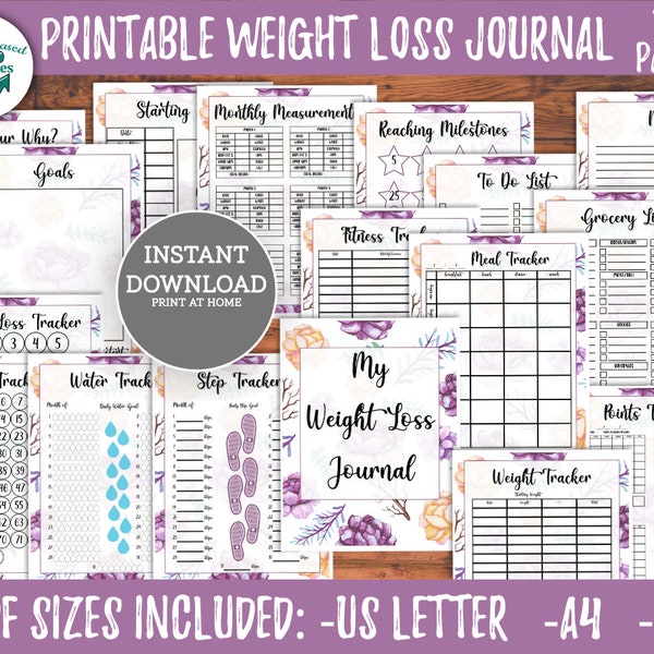 Printable Weight Loss Journal Floral Weight Loss Tracker with Meal Planner Template Fitness Steps Water Milestone Goal Habit Tracker PDF