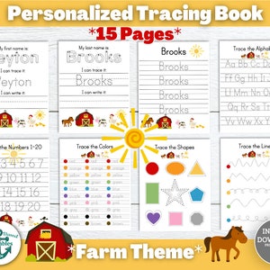 Custom Name Tracing Sheets Handwriting Practice Sheet Farm Themed Busy Book Personalized Writing Page Printable Preschool Bundle Trace Pages