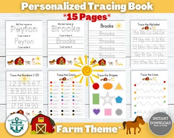 Custom Name Tracing Sheets Handwriting Practice Sheet Farm Themed Busy Book Personalized Writing Page Printable Preschool Bundle Trace Pages