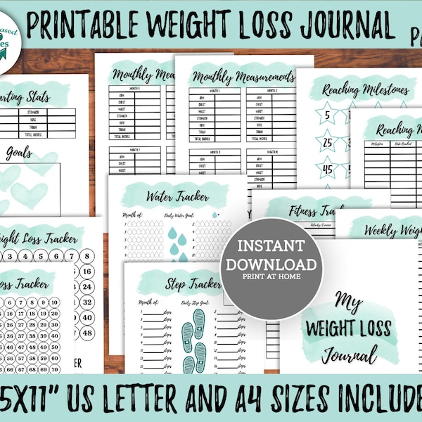 Weight Loss Journal Printable | Fitness Tracker | Health Planner Teal Aqua