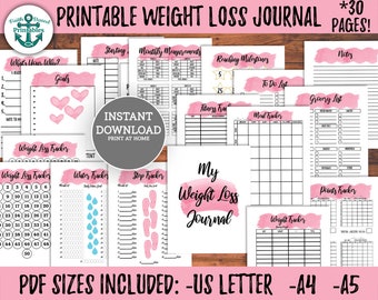Pink Printable Weight Loss Journal 30 Page Pink Weight Loss Tracker Bundle with Meal Planner Template Fitness Tracker Water Tracker Grocery