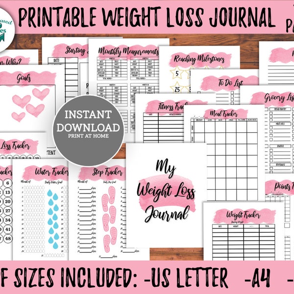 Pink Printable Weight Loss Journal 30 Page Pink Weight Loss Tracker Bundle with Meal Planner Template Fitness Tracker Water Tracker Grocery