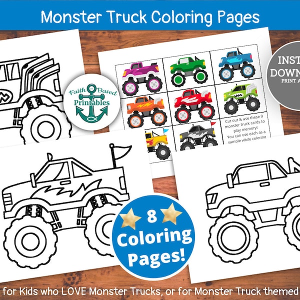 Printable Monster Truck Coloring Pages Monster Truck Memory Game Monster Truck Activities Party Games Preschool Busy Book Kid Birthday Party