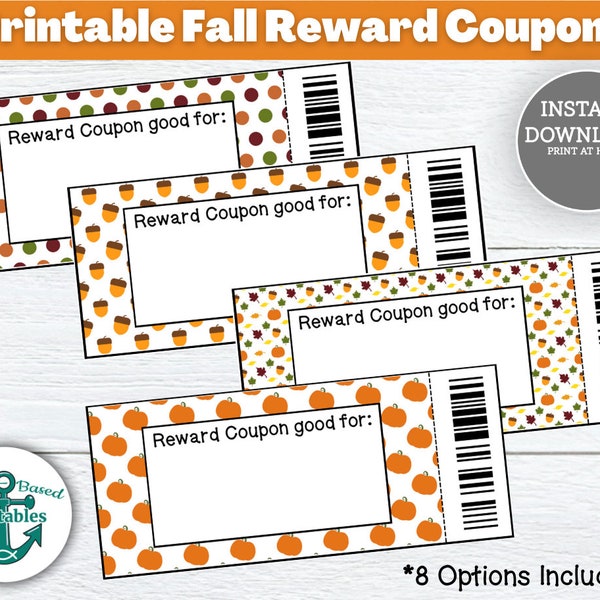 Fall Reward Coupons for Kids Printable Classroom Template Students Gift Coupon Children's Voucher Ticket Good Grades Homeschool Easy Print