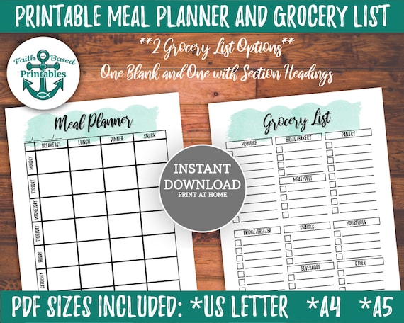 Meal Planner Printable Grocery List Printable PDF Weekly Meal | Etsy