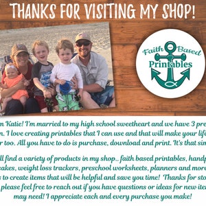 May include: A family of five pose on a beach in front of a wooden background. The image includes the text "Thanks for visiting my shop!" and "Faith Based Printables".