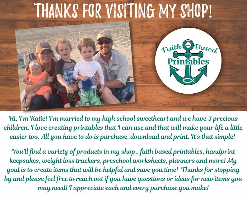 May include: A family of five pose on a beach in front of a wooden background. The image includes the text "Thanks for visiting my shop!" and "Faith Based Printables".