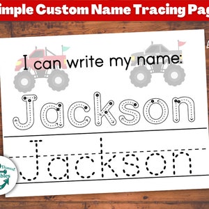 Custom Name Tracing Sheet Handwriting Practice Personalized Name Trace Simple Worksheet Printable Hand Writing Page for Kids Monster Truck