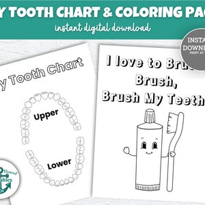 Salud dental de los niños: Tabla de dientes imprimible y página para colorear del cepillo de dientes - Actividad educativa divertida para niños Me encanta cepillarme los dientes