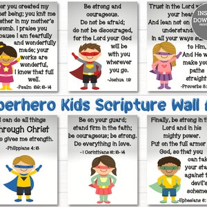 Superhero Kids Scripture Bundle Printable Proverbs 3 Joshua 1:9 Psalm 139 Philippians 4 Ephesians 6 Christian Homeschool Wall Art Bible