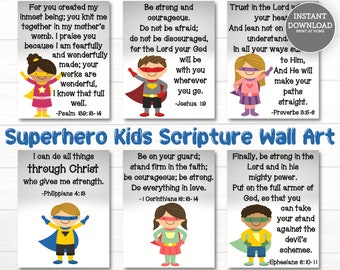 Superhero Kids Scripture Bundle Printable Proverbs 3 Joshua 1:9 Psalm 139 Philippians 4 Ephesians 6 Christian Homeschool Wall Art Bible