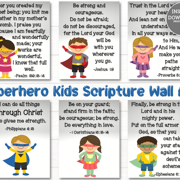 Superhero Kids Scripture Bundle Printable Proverbs 3 Joshua 1:9 Psalm 139 Philippians 4 Ephesians 6 Christian Homeschool Wall Art Bible