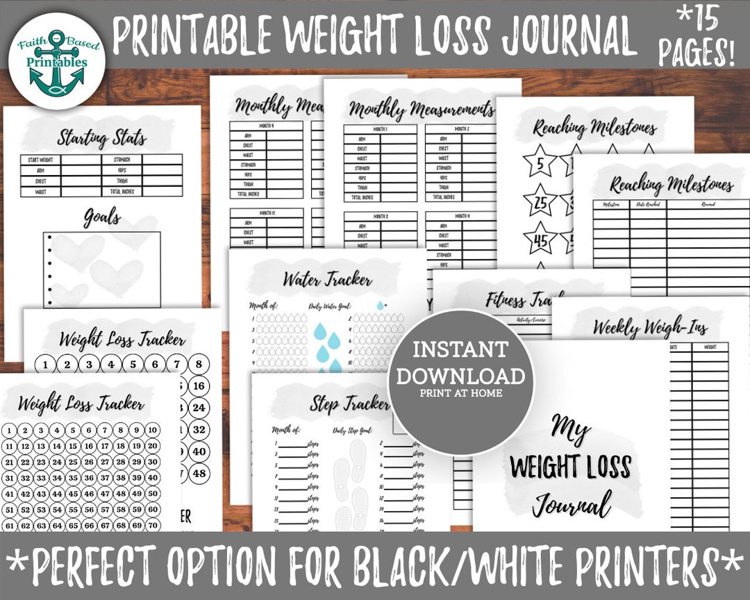 Printable Weight Loss Journal PDF Black and White Digital Weight Loss ...