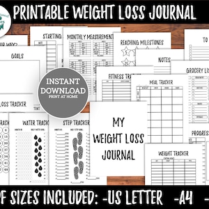 Diário de perda de peso Modelo de planejador de refeições para impressão em preto e branco PDF Rastreador de saúde Fitness Motivação Medidas de etapas de água Pesagem