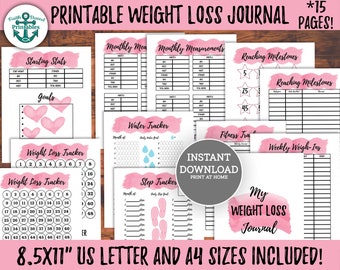 Pink Weight Loss Journal Printable, 15 Page Tracker Bundle (US Letter & A4) (Digital Download)