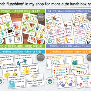 May include: Printable lunchbox notes for kids featuring colourful designs with positive affirmations and Christian messages. The notes include phrases like "You are kind", "Let your light shine", and "God is great".