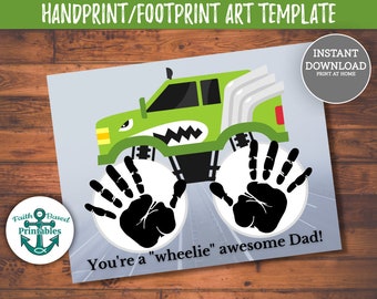 Monster Truck Handprint Art Wheelie Awesome Dad Fathers Day Craft Printable Gift Handprint Craft Father's Day Gift Handprint Card for Dad