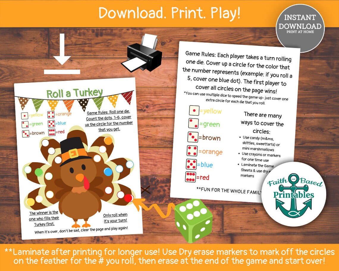 Roll a Turkey Game Printable Roll a Turkey Dice Game Roll a - Etsy
