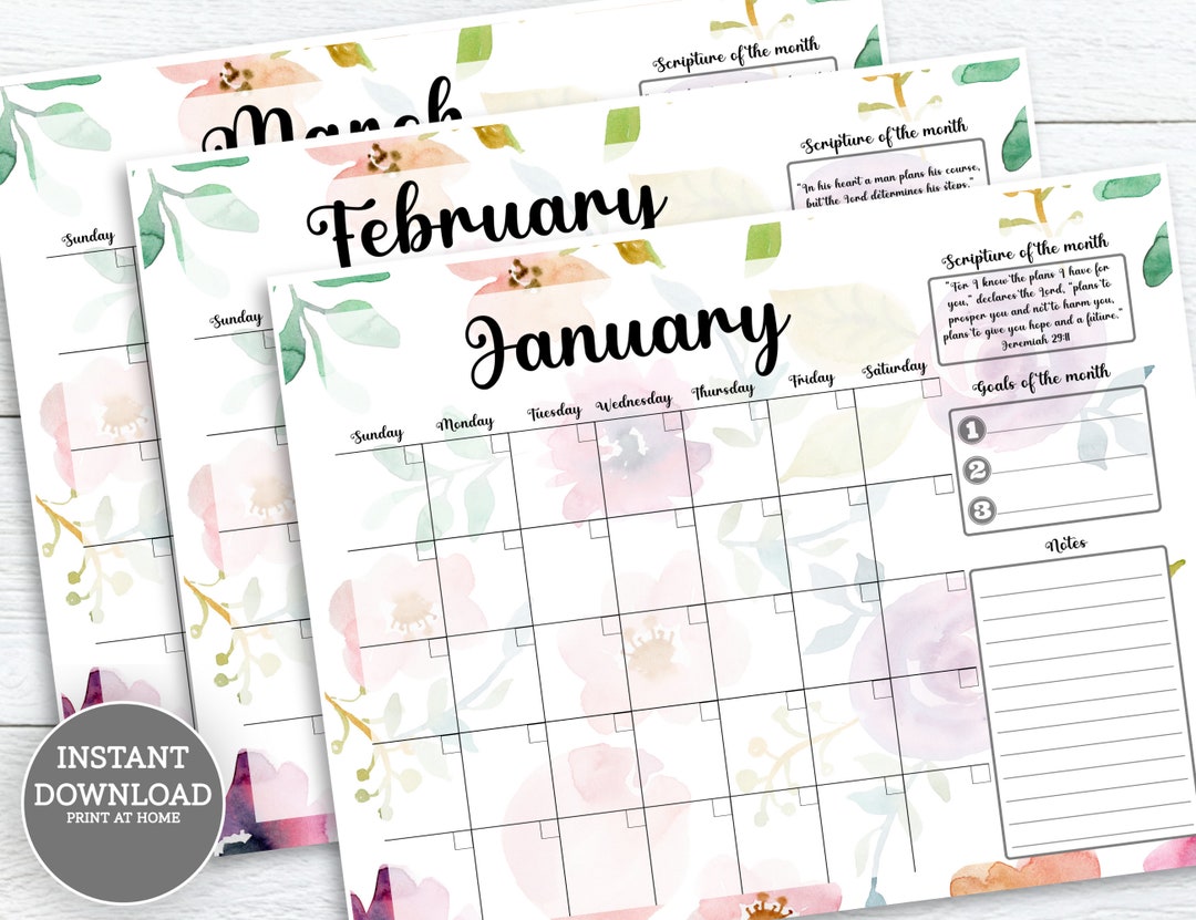 Scripture Calendar Printable Blank Monthly Calendars 12 Months Hope ...
