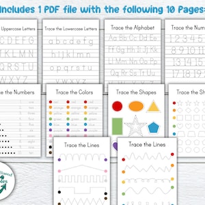 Printable Tracing Worksheet Bundle Alphabet Number Letter Color Shape Sheet Sheets Book ABC Preschool Trace K4 Handwriting Practice Template